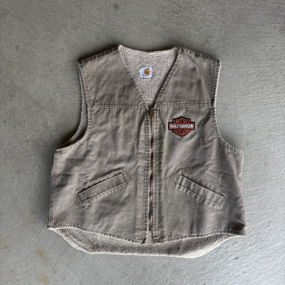 Carhartt Other - Carhartt Harley Davidson Sherpa Lined Biking Vest Taupe Tan Workwear Patch L